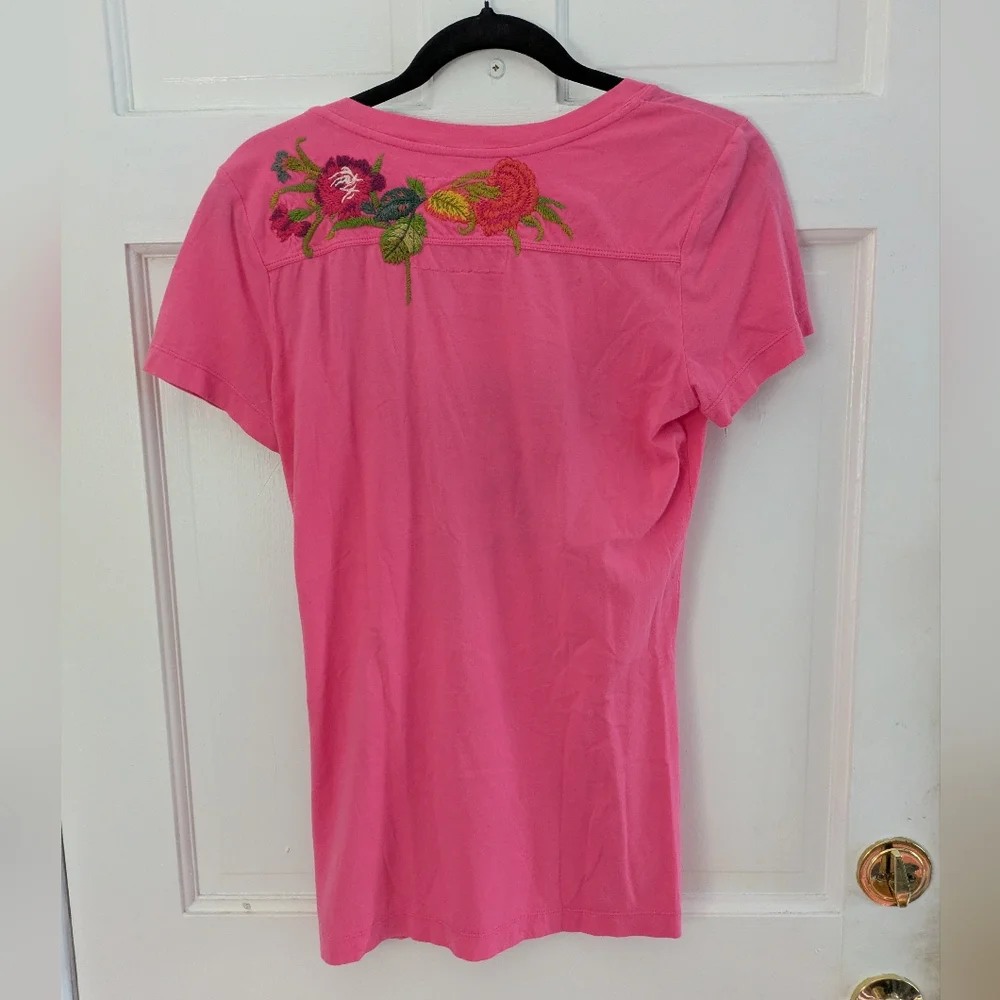 Johnny Was Pink Floral Embroidered Short Sleeve T Shirt - Picture 4 of 5